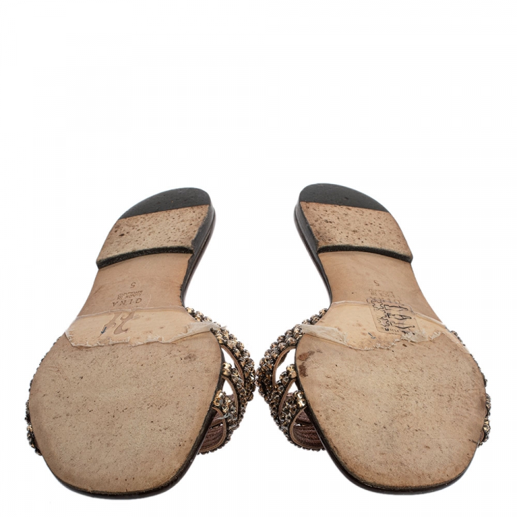 Pre Owned Gina  Brown Patent Leather And Crystal Embellished Thong Flat Slides Size 38