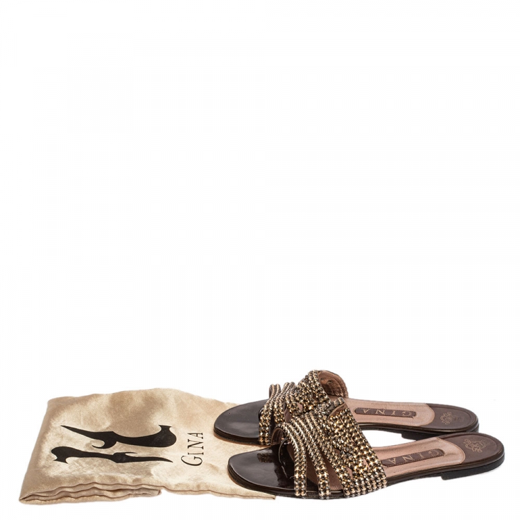 Pre Owned Gina  Brown Patent Leather And Crystal Embellished Thong Flat Slides Size 38