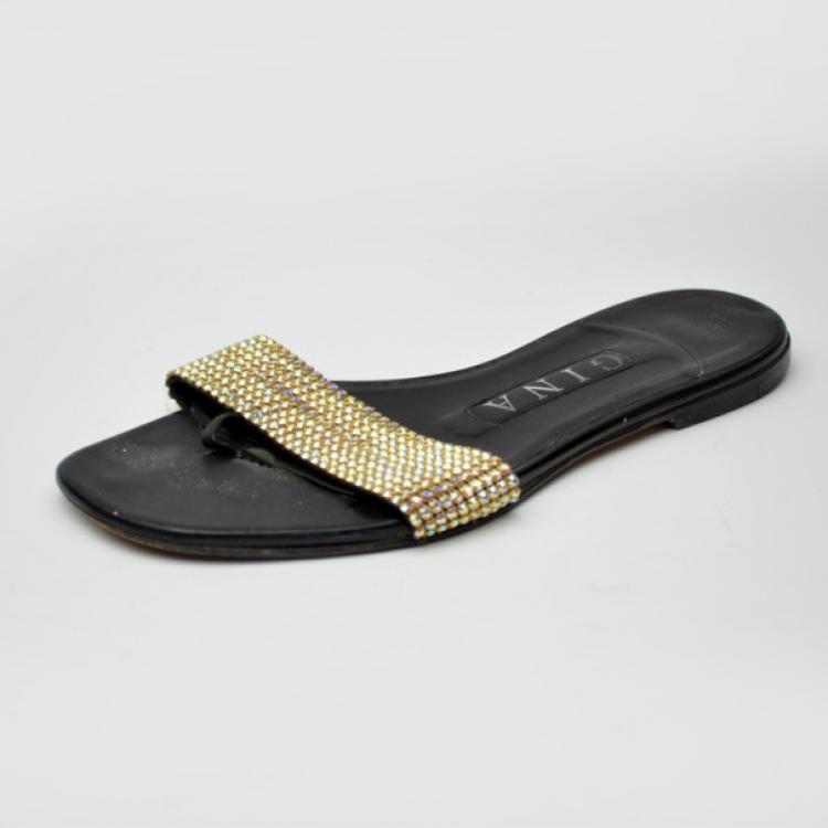 Pre Owned Gina Gold Embellished Hot Slides Size 35.5