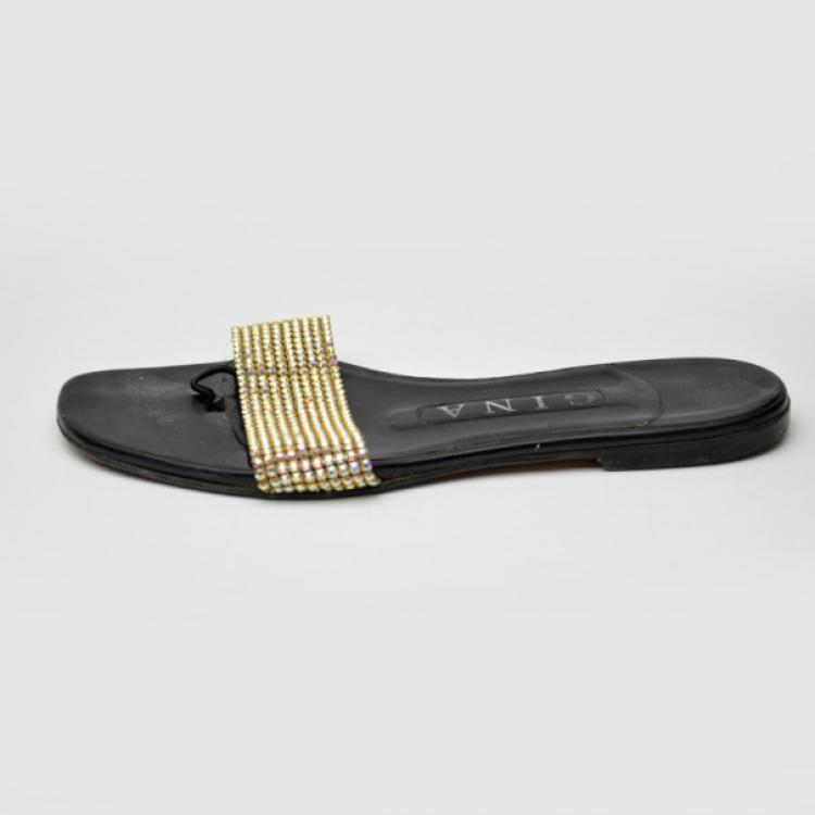 Pre Owned Gina Gold Embellished Hot Slides Size 35.5