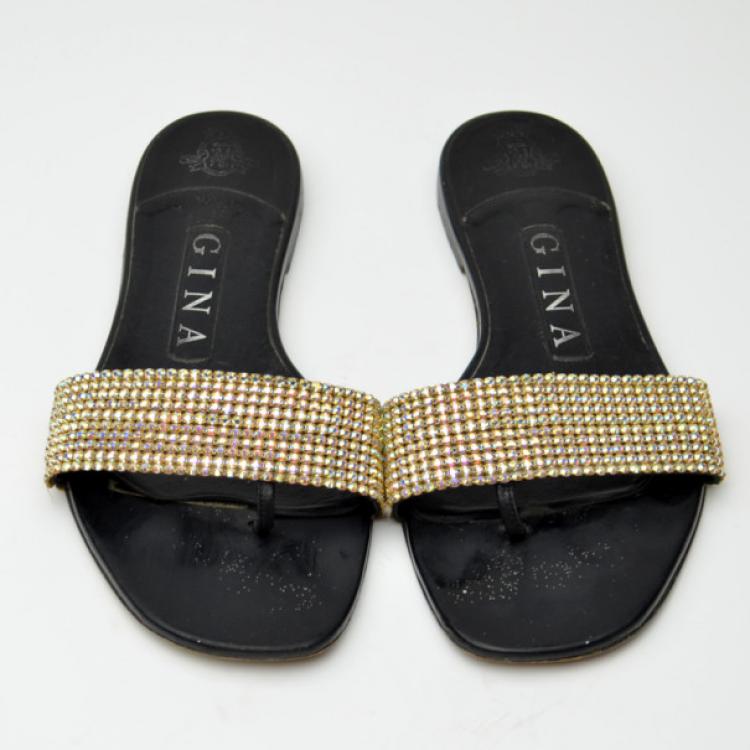 Pre Owned Gina Gold Embellished Hot Slides Size 35.5