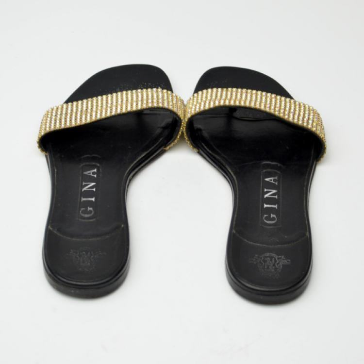 Pre Owned Gina Gold Embellished Hot Slides Size 35.5