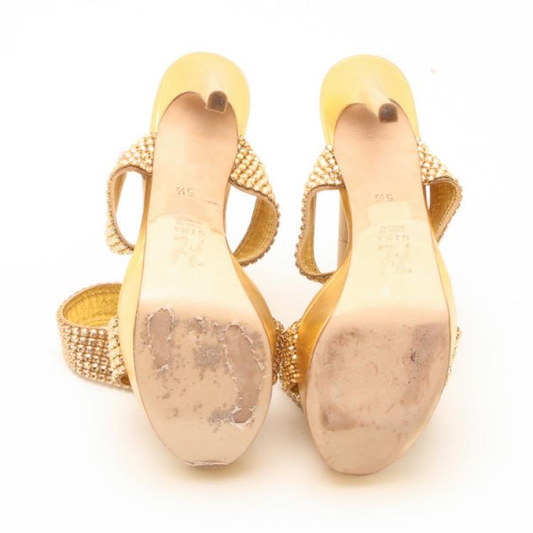 Pre Owned Gina Metallic Gold and Crystal Embellished Platform Sandals Size 36