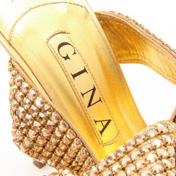 Pre Owned Gina Metallic Gold and Crystal Embellished Platform Sandals Size 36