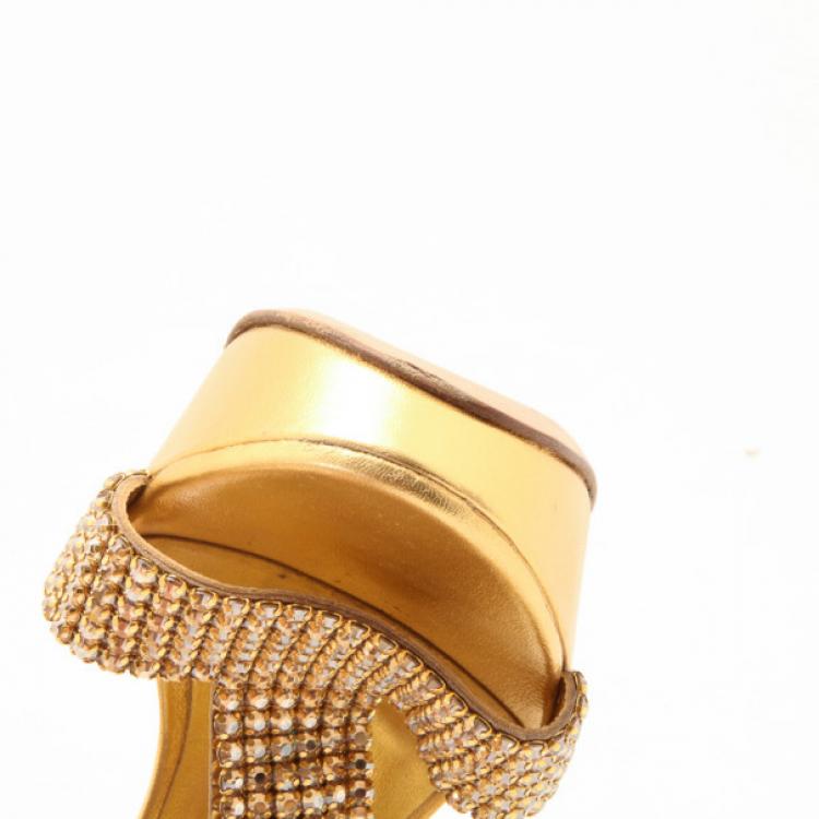 Pre Owned Gina Metallic Gold and Crystal Embellished Platform Sandals Size 36