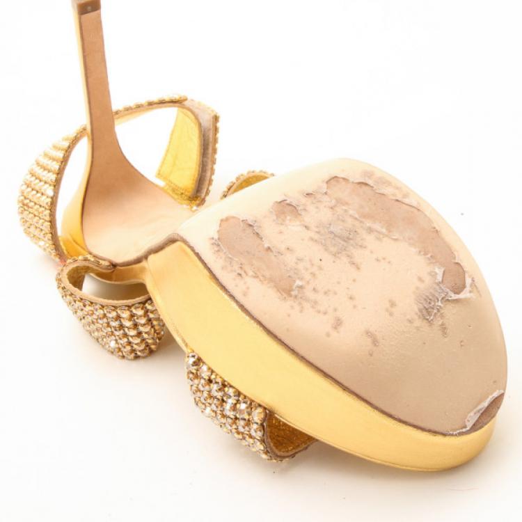 Pre Owned Gina Metallic Gold and Crystal Embellished Platform Sandals Size 36