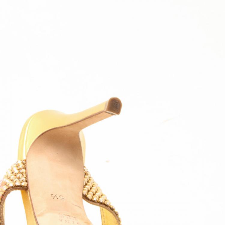 Pre Owned Gina Metallic Gold and Crystal Embellished Platform Sandals Size 36