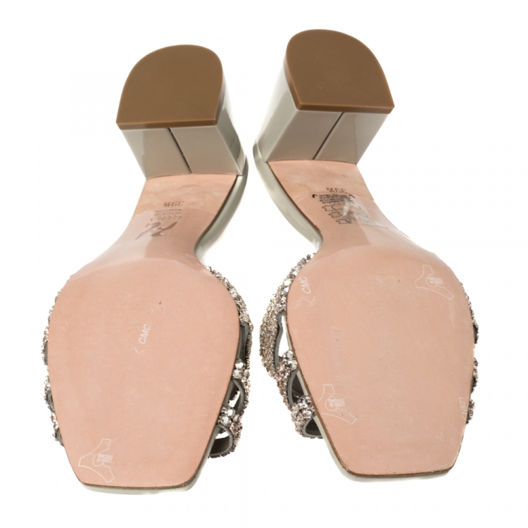 Pre Owned Gina Grey Patent Leather Visage Crystal Embellished Slide Sandals Size 39.5