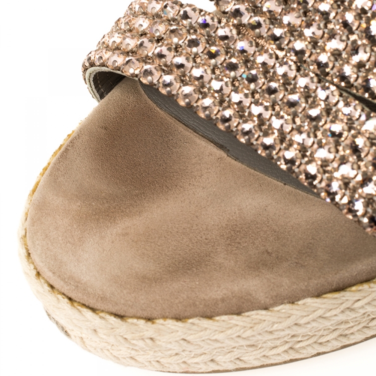 Pre Owned Gina Beige Suede Crystal Embellished Open Toe Espadrille Sandals Size 38