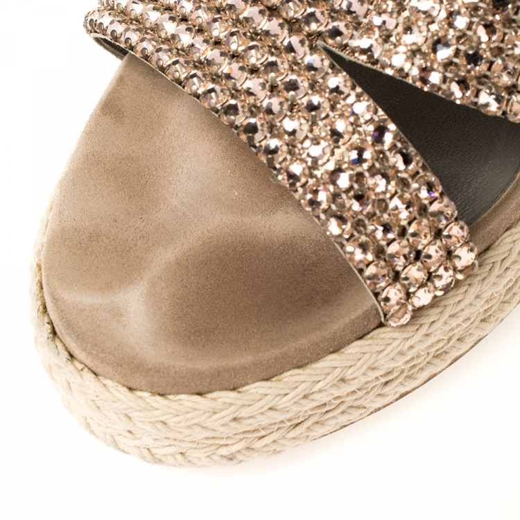 Pre Owned Gina Beige Suede Crystal Embellished Open Toe Espadrille Sandals Size 38
