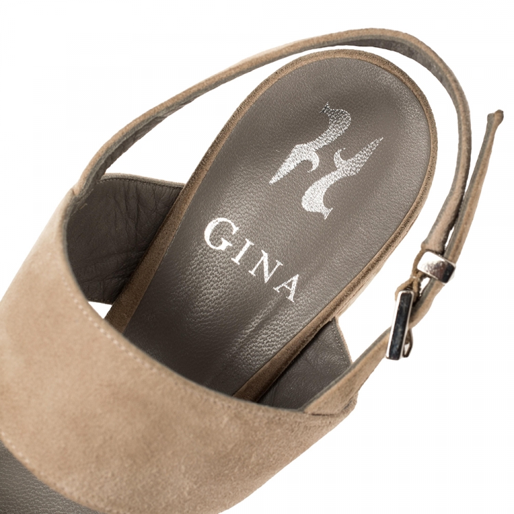 Pre Owned Gina Beige Suede Crystal Embellished Open Toe Espadrille Sandals Size 38