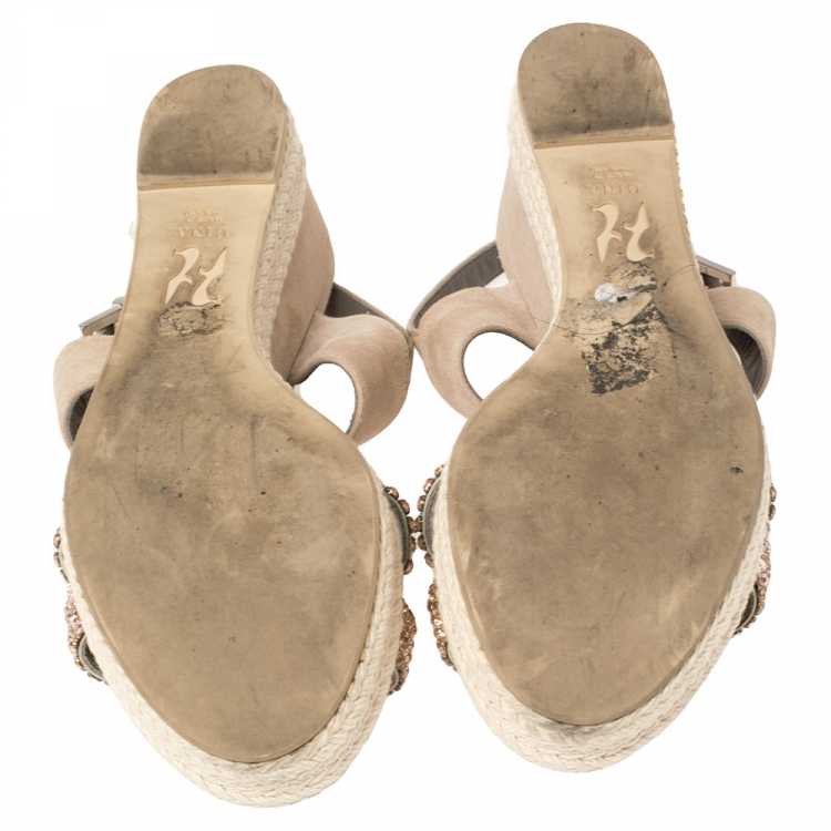 Pre Owned Gina Beige Suede Crystal Embellished Open Toe Espadrille Sandals Size 38