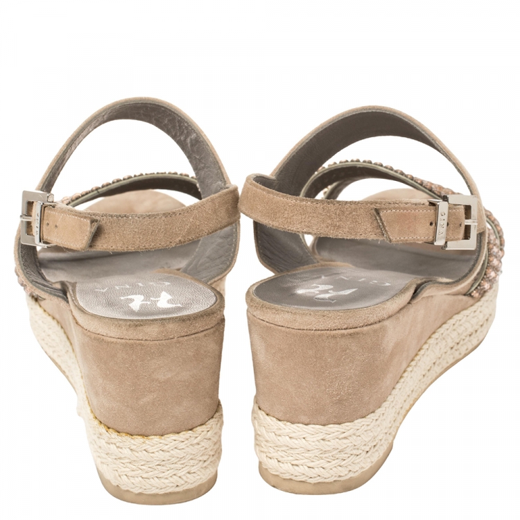 Pre Owned Gina Beige Suede Crystal Embellished Open Toe Espadrille Sandals Size 38