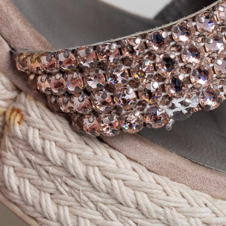 Pre Owned Gina Beige Suede Crystal Embellished Open Toe Espadrille Sandals Size 38