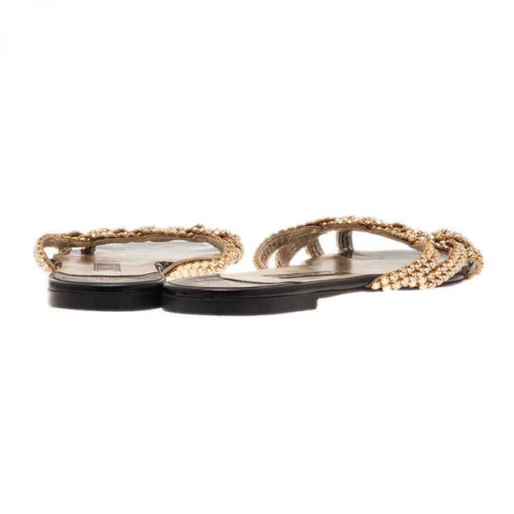 Pre Owned Gina Gold Jewled Flat Sandals Size 37.5
