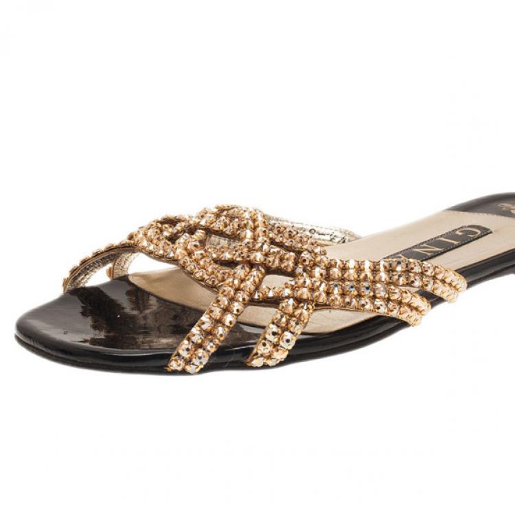 Pre Owned Gina Gold Jewled Flat Sandals Size 37.5