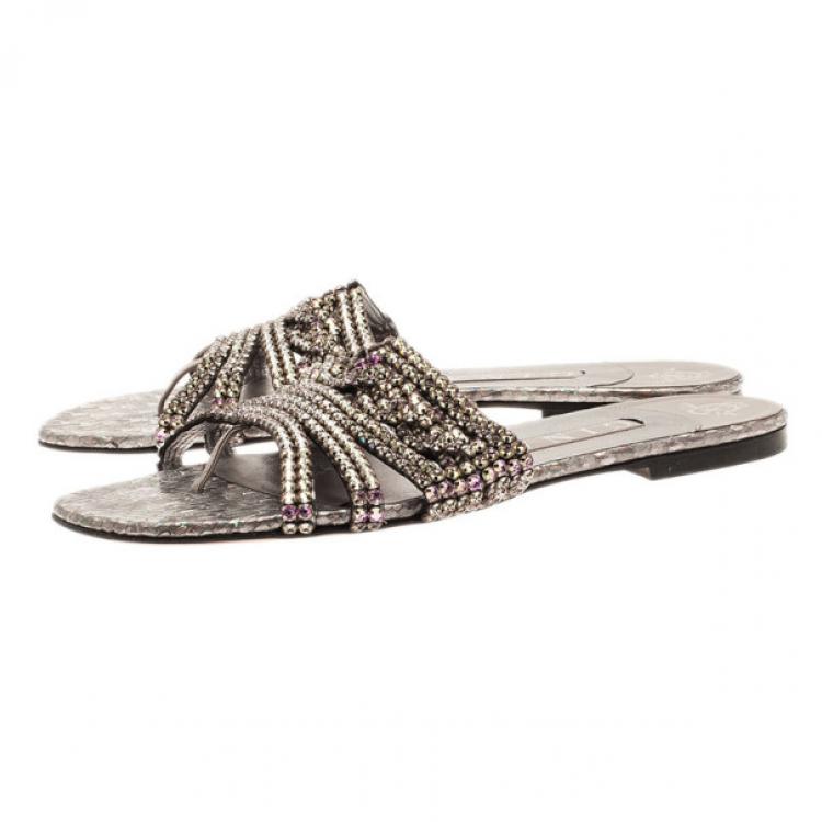 Pre Owned Gina Purple Diamante Embellished Flat Sandals Size 39