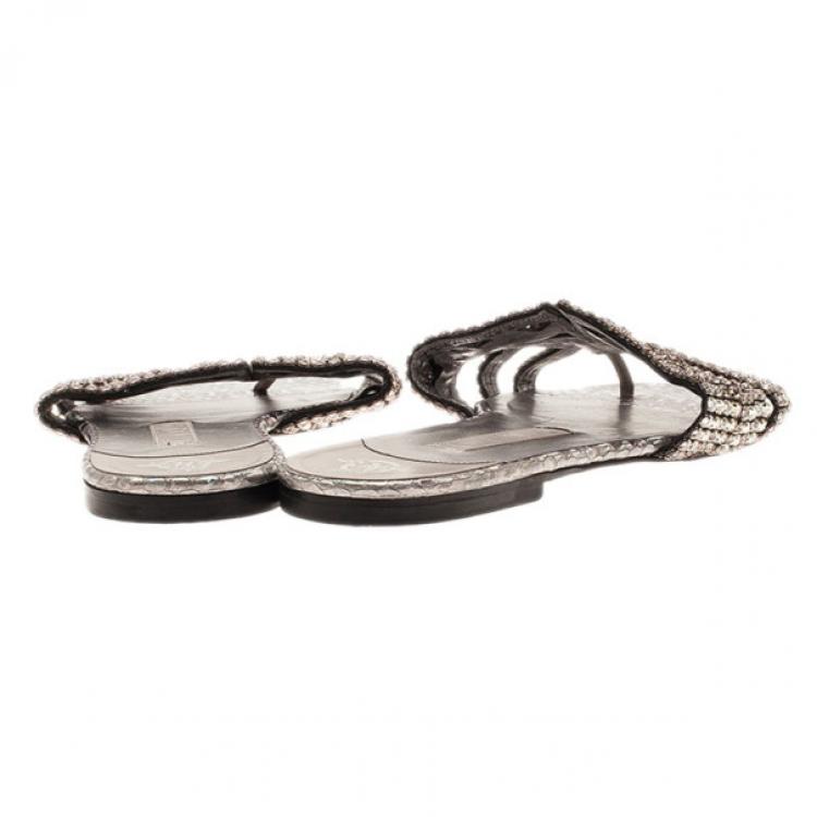 Pre Owned Gina Purple Diamante Embellished Flat Sandals Size 39