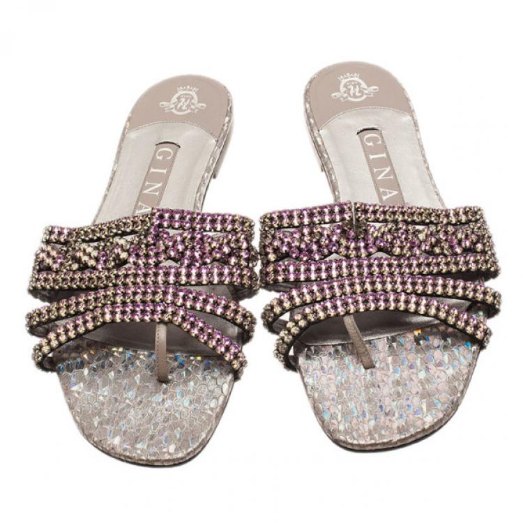 Pre Owned Gina Purple Diamante Embellished Flat Sandals Size 39