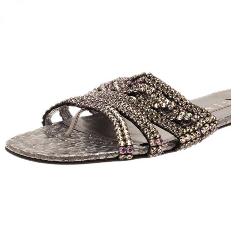 Pre Owned Gina Purple Diamante Embellished Flat Sandals Size 39
