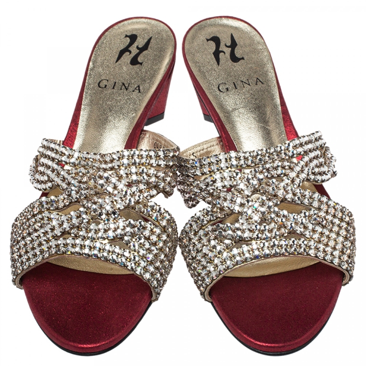 Pre Owned Gina Red Leather Crystal Embellished Slide Sandals Size 38