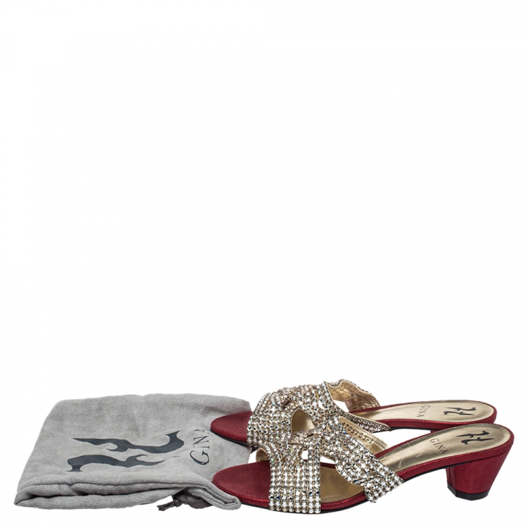 Pre Owned Gina Red Leather Crystal Embellished Slide Sandals Size 38