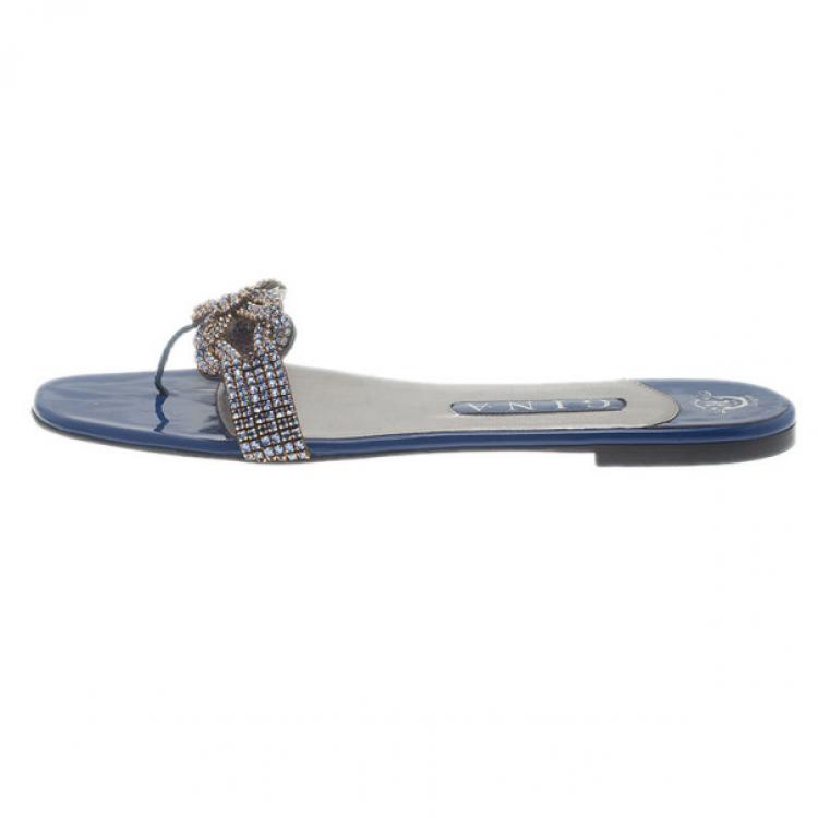Pre Owned Gina Blue Patent Embellished Flat Sandals Size 39.5
