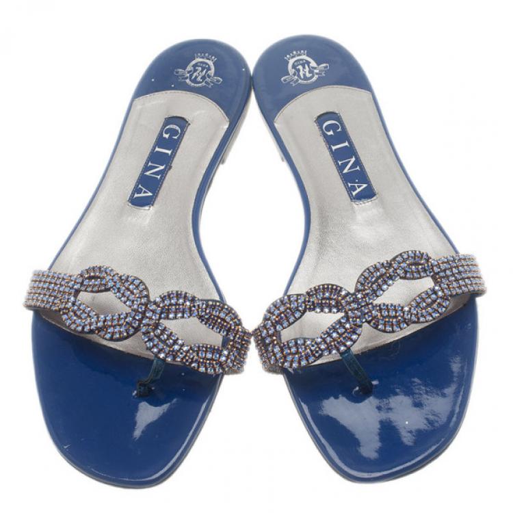 Pre Owned Gina Blue Patent Embellished Flat Sandals Size 39.5