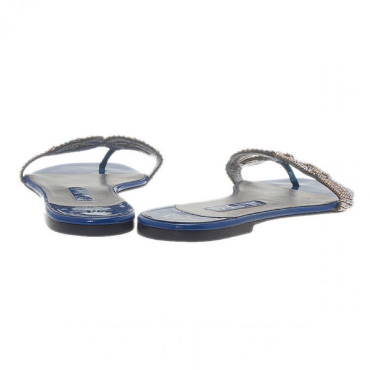 Pre Owned Gina Blue Patent Embellished Flat Sandals Size 39.5
