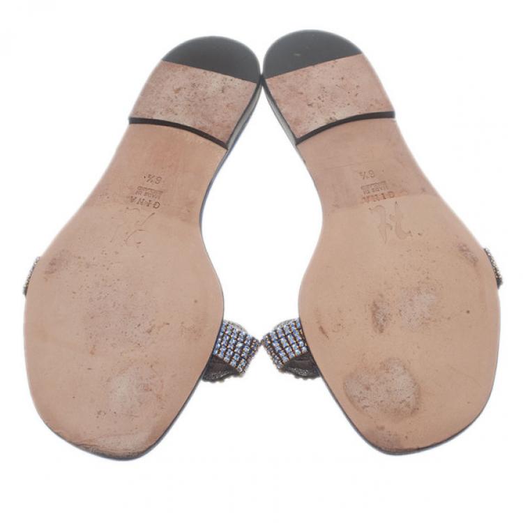 Pre Owned Gina Blue Patent Embellished Flat Sandals Size 39.5