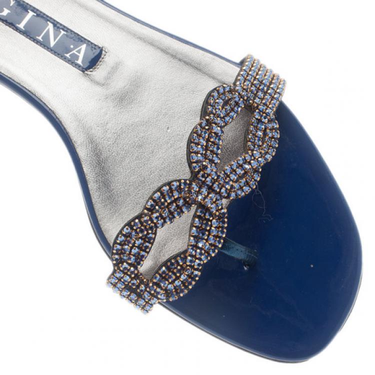 Pre Owned Gina Blue Patent Embellished Flat Sandals Size 39.5