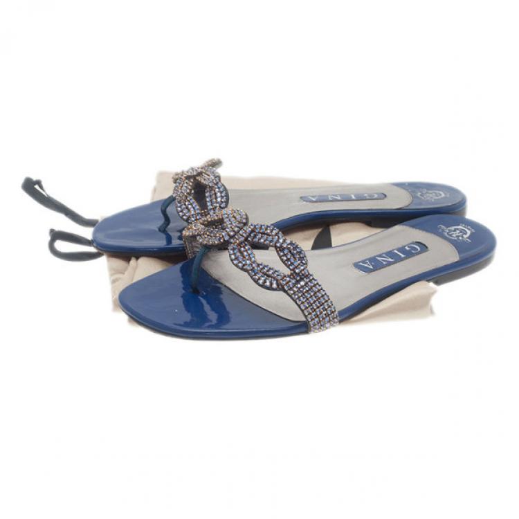 Pre Owned Gina Blue Patent Embellished Flat Sandals Size 39.5