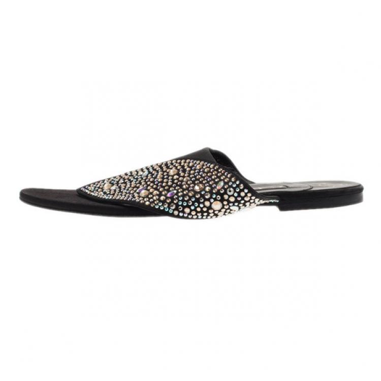 Pre Owned Gina Black Studded Satin Flat Sandals Size 39