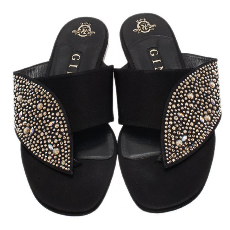 Pre Owned Gina Black Studded Satin Flat Sandals Size 39