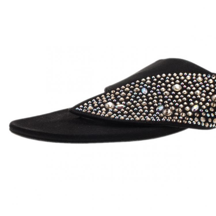 Pre Owned Gina Black Studded Satin Flat Sandals Size 39