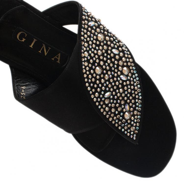 Pre Owned Gina Black Studded Satin Flat Sandals Size 39