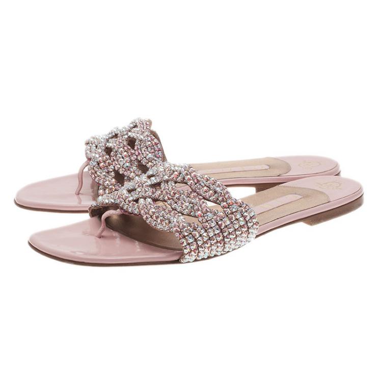 Pre Owned Gina Pink Crystal Embellished Dawn Flat Slides Size 40