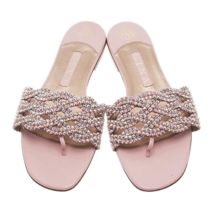 Pre Owned Gina Pink Crystal Embellished Dawn Flat Slides Size 40