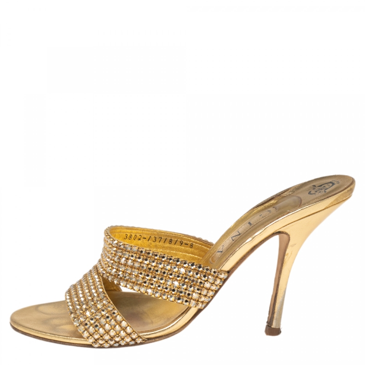 Pre Owned Gina Gold Crystal Embellished Leather Slide Sandals Size 41