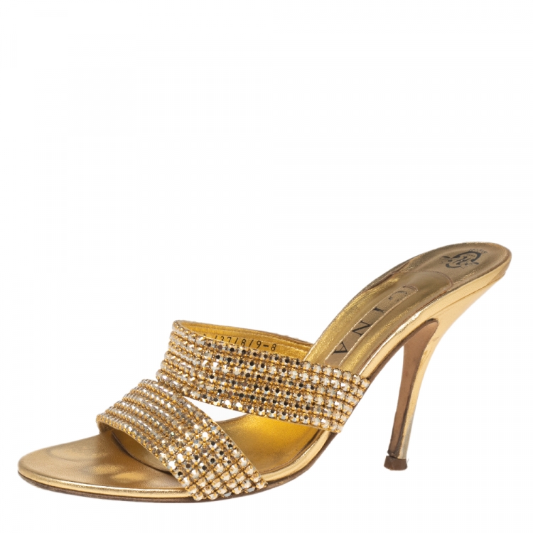 Pre Owned Gina Gold Crystal Embellished Leather Slide Sandals Size 41