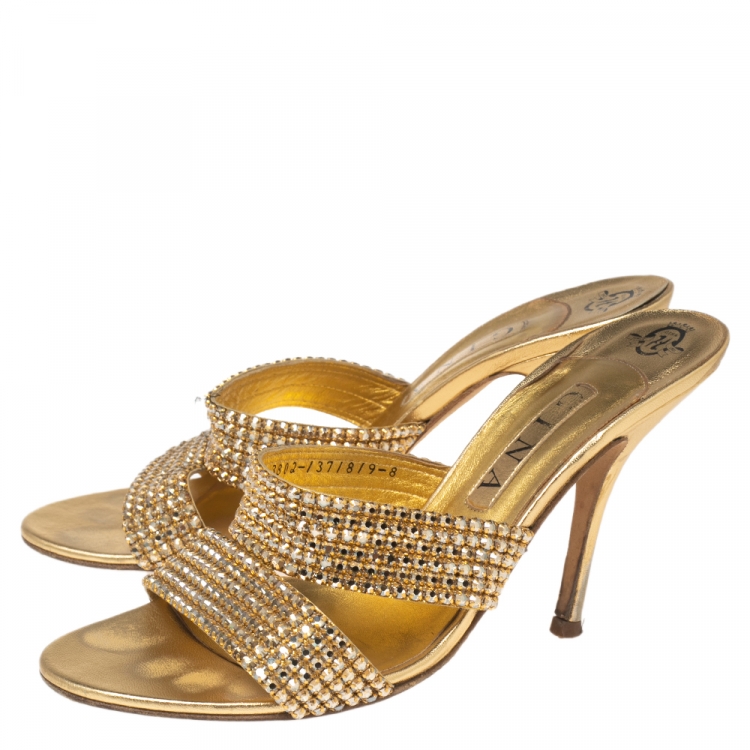 Pre Owned Gina Gold Crystal Embellished Leather Slide Sandals Size 41