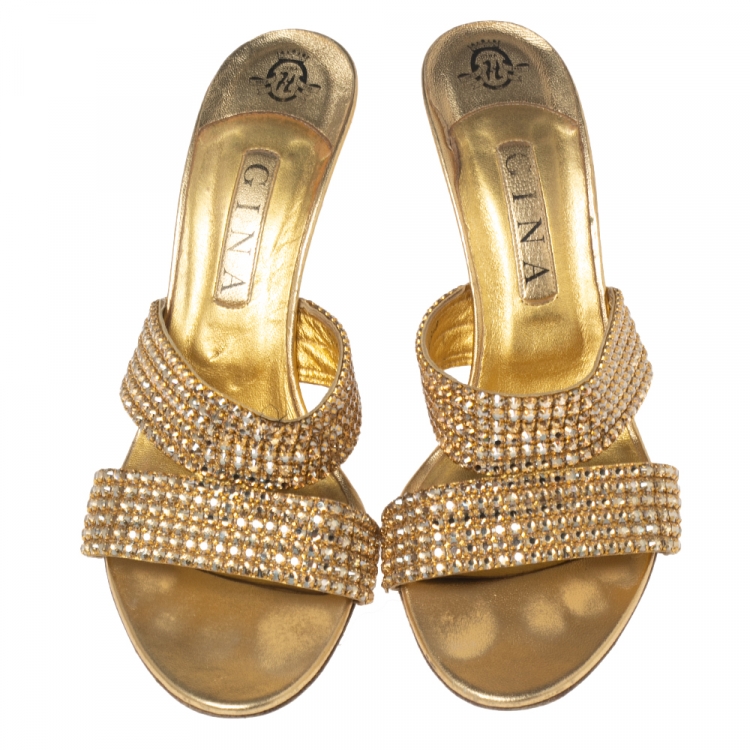 Pre Owned Gina Gold Crystal Embellished Leather Slide Sandals Size 41