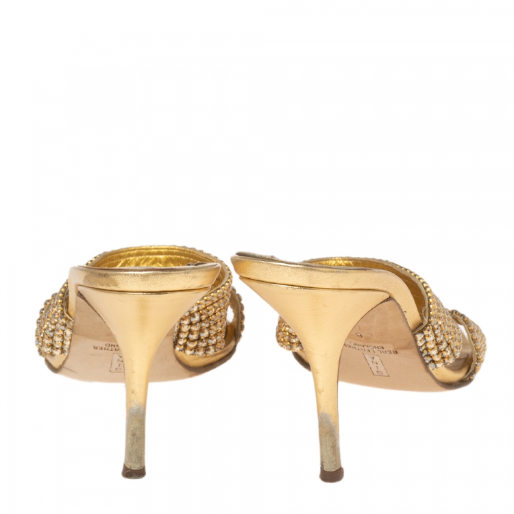 Pre Owned Gina Gold Crystal Embellished Leather Slide Sandals Size 41