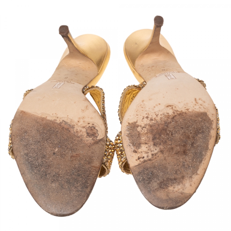 Pre Owned Gina Gold Crystal Embellished Leather Slide Sandals Size 41