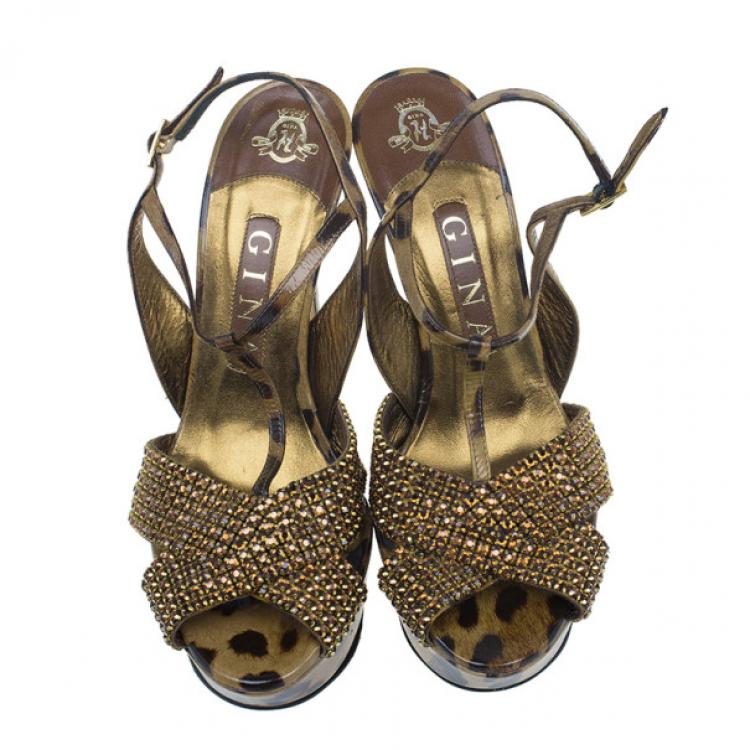 Pre Owned Gina Brown Crystal Embellished Leopard Print Sandals Size 38