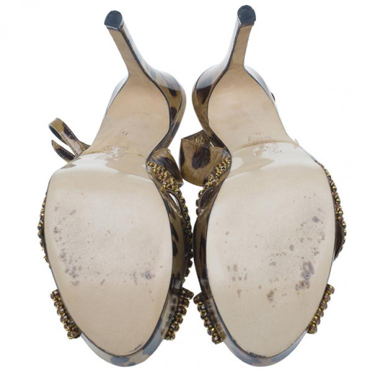 Pre Owned Gina Brown Crystal Embellished Leopard Print Sandals Size 38