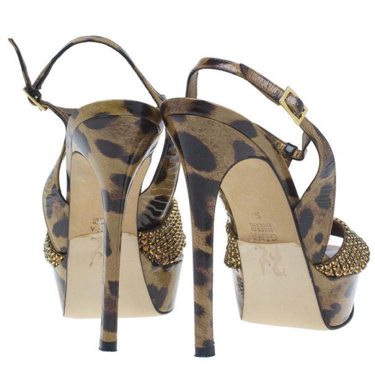 Pre Owned Gina Brown Crystal Embellished Leopard Print Sandals Size 38