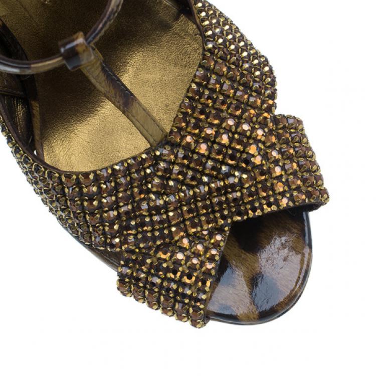 Pre Owned Gina Brown Crystal Embellished Leopard Print Sandals Size 38