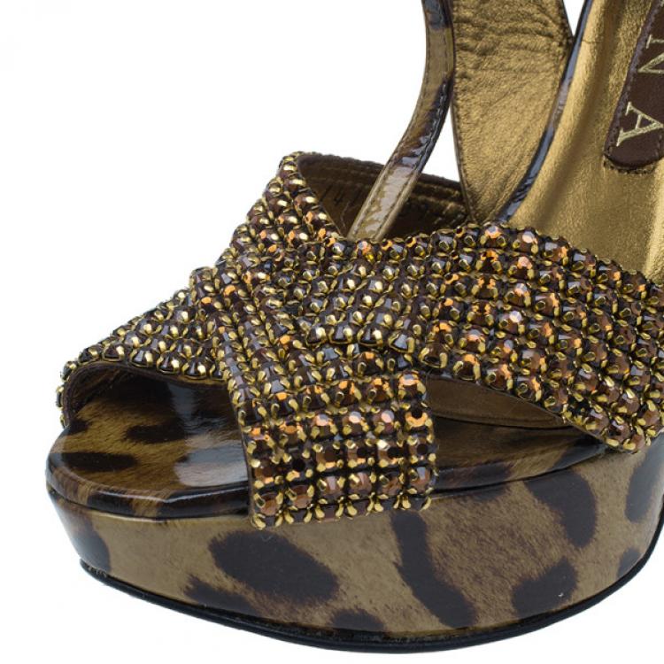 Pre Owned Gina Brown Crystal Embellished Leopard Print Sandals Size 38
