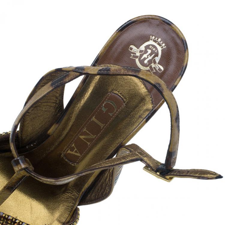 Pre Owned Gina Brown Crystal Embellished Leopard Print Sandals Size 38